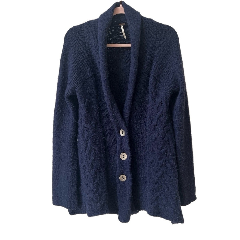 Free People Far Away Cable Knit Cardigan Womens Size M Blue Shawl Collar - Picture 9 of 13